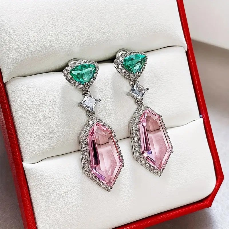 Luxury Geometric Drop Earrings, Green Emerald Pink Crystal, Silver-Tone Dangle