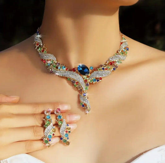 Luxury Vintage Sparkly Multicolor Rhinestone Necklace And Earrings Set