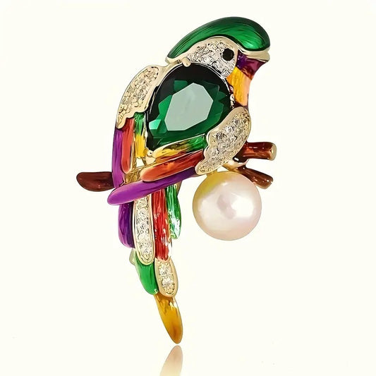 Luxury Parrot Brooch Pin, Rhinestone Crystal with Pearl, Blue and Green Gemstone Bird Design, Gold-Tone