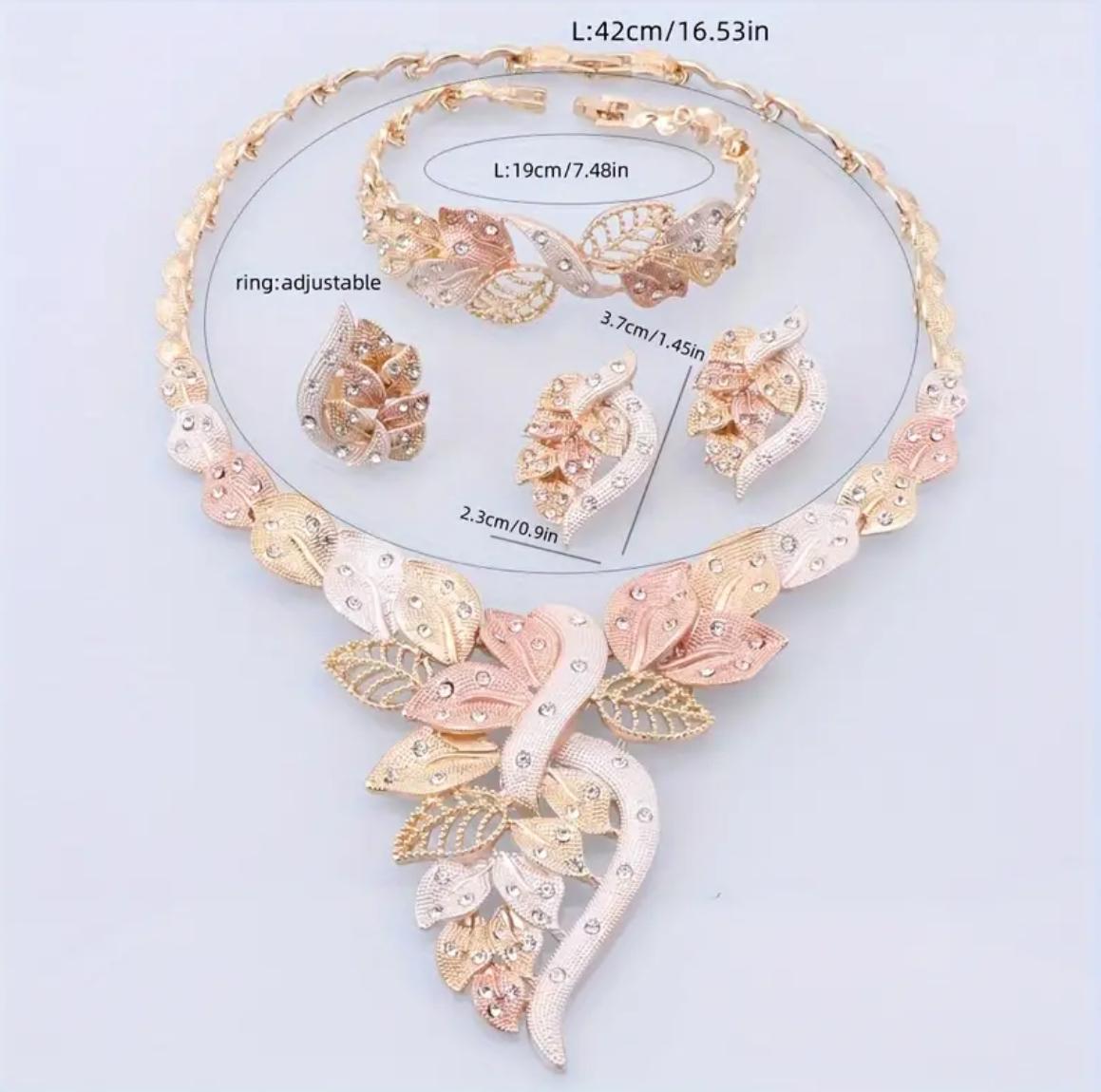 Tri-Color Rhinestone Leaf Design Jewelry Set