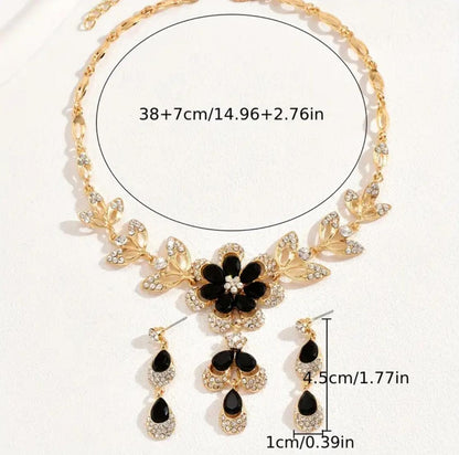 Golden Black Floral Rhinestones Jewelry Set