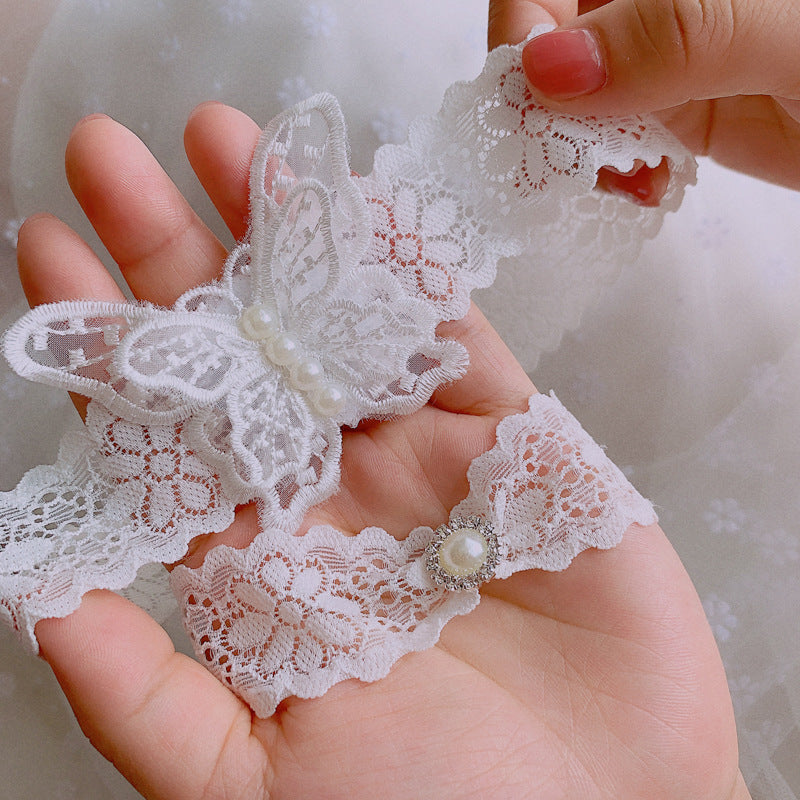Stretch Lace Bridal Butterfly Garter Set with Pearl Brooch