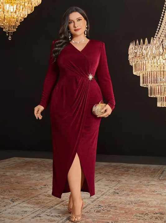 Plus Size Red Longsleeve Rouched Wrap Dress with Brooch