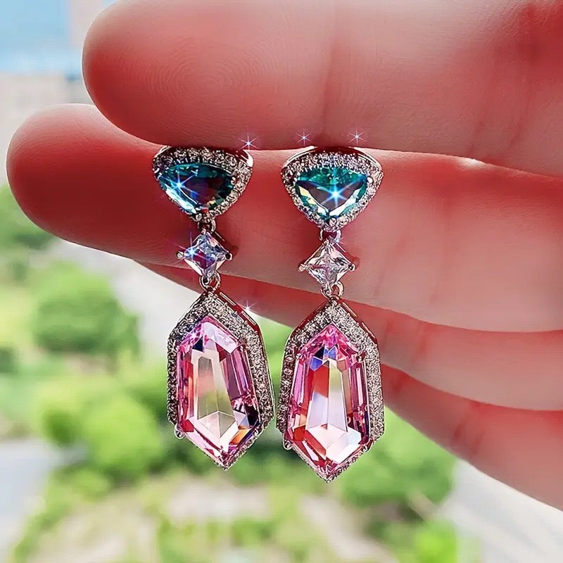 Luxury Geometric Drop Earrings, Green Emerald Pink Crystal, Silver-Tone Dangle