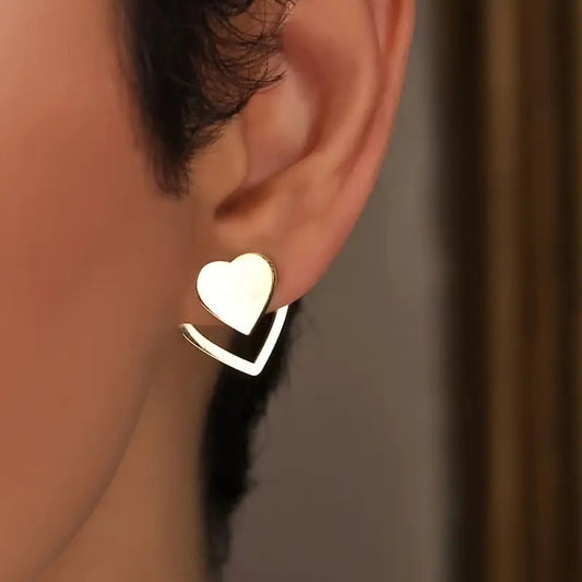 Double Heart Stud Earrings, Silver Plated, Layered Design