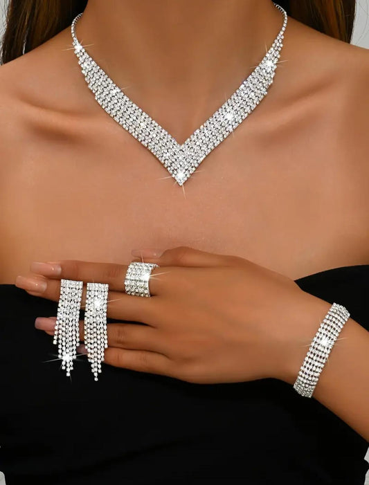 Luxury Bridal Silvery-Plated Tassel Rhinestones Jewelry Set