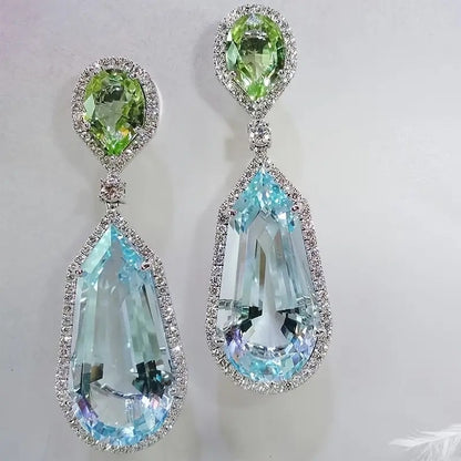 Luxury Geometric Drop Earrings, Green and Sapphire Garnet Crystal, Silver-Tone Dangle