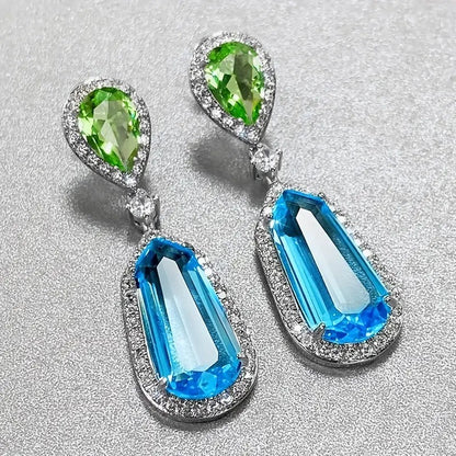 Luxury Geometric Drop Earrings, Green and Sapphire Garnet Crystal, Silver-Tone Dangle