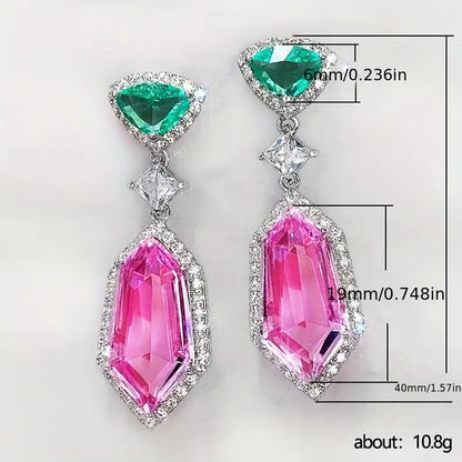 Luxury Geometric Drop Earrings, Green Emerald Pink Crystal, Silver-Tone Dangle