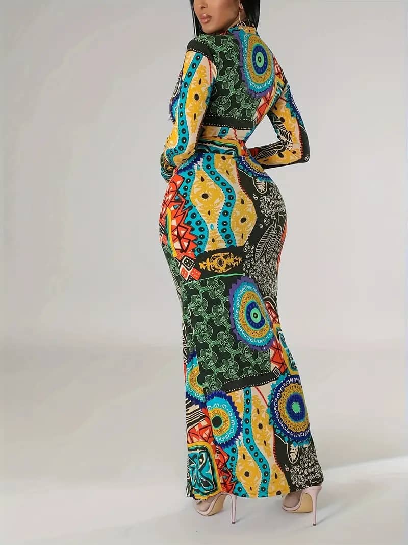 Abstract Print Split Front Long Sleeve Maxi Dress
