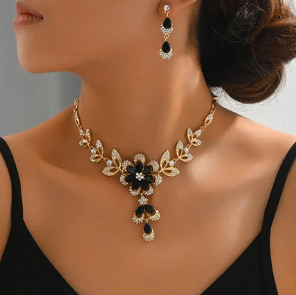 Golden Black Floral Rhinestones Jewelry Set