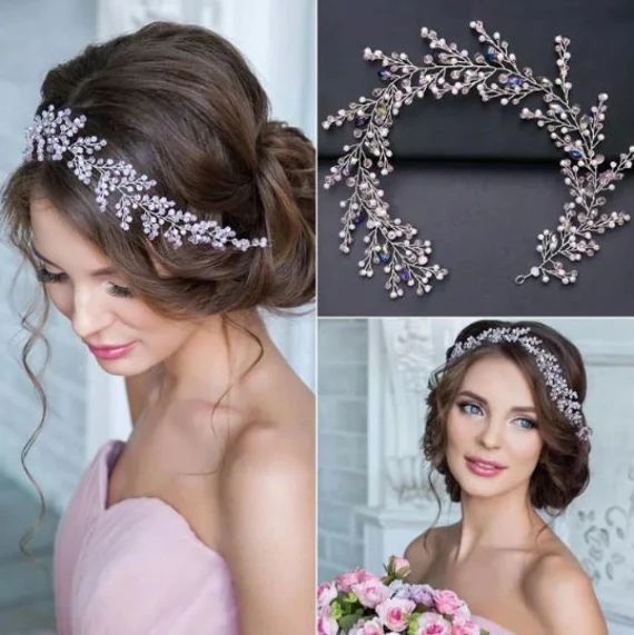 Baby Pink Crystal Leaves Bridal Headband