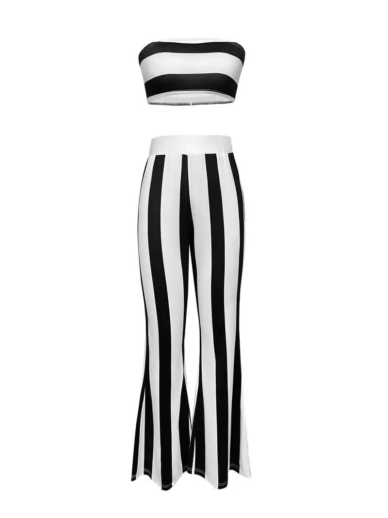 Black And White Striped Crop Tube Top And Flare Leg Pants