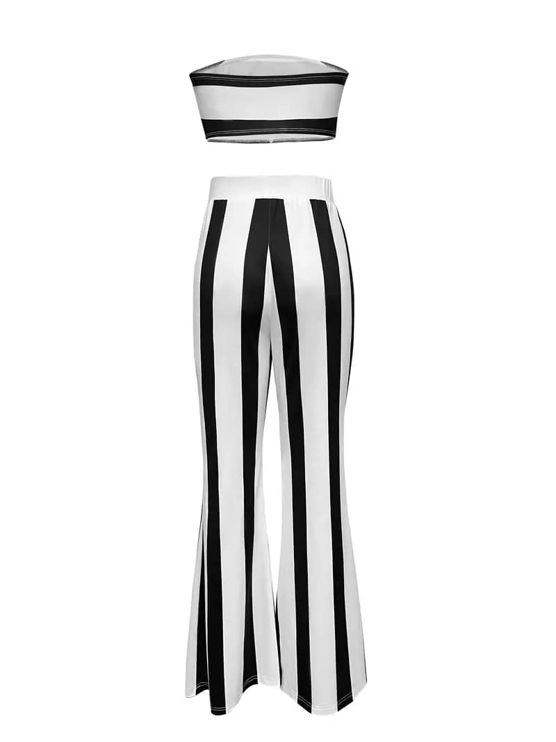 Black And White Striped Crop Tube Top And Flare Leg Pants