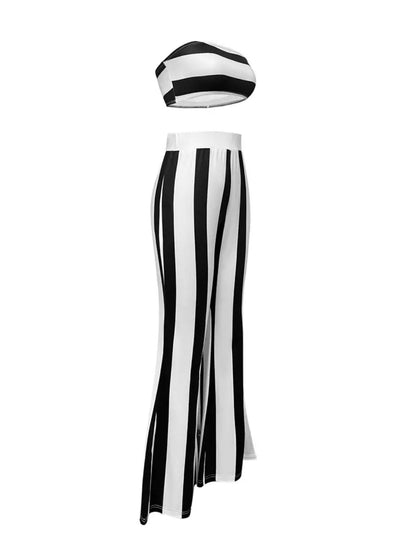 Black And White Striped Crop Tube Top And Flare Leg Pants