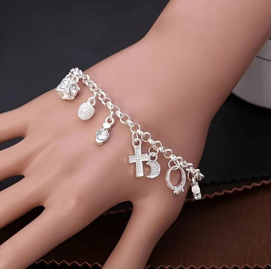 13-Piece Charm Bracelet, Silver Plated Chain with Cross, Heart, Star, Moon Pendants