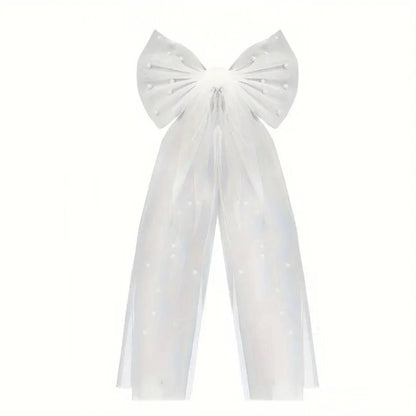 Elegant White Tulle Bow Bridal Veil with Faux Pearls