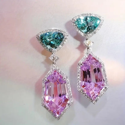 Luxury Geometric Drop Earrings, Green Emerald Pink Crystal, Silver-Tone Dangle