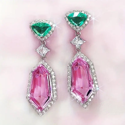 Luxury Geometric Drop Earrings, Green Emerald Pink Crystal, Silver-Tone Dangle