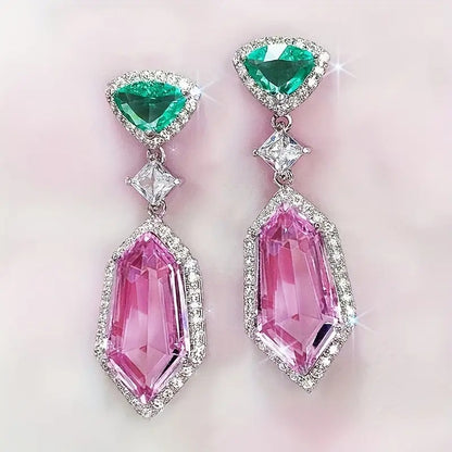 Luxury Geometric Drop Earrings, Green Emerald Pink Crystal, Silver-Tone Dangle