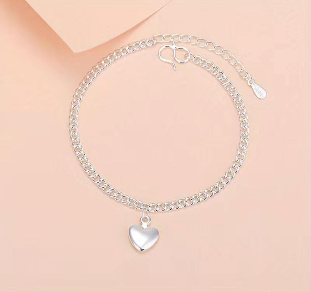 925 Sterling Silver Heart-Shaped Pendant Charm Bracelet