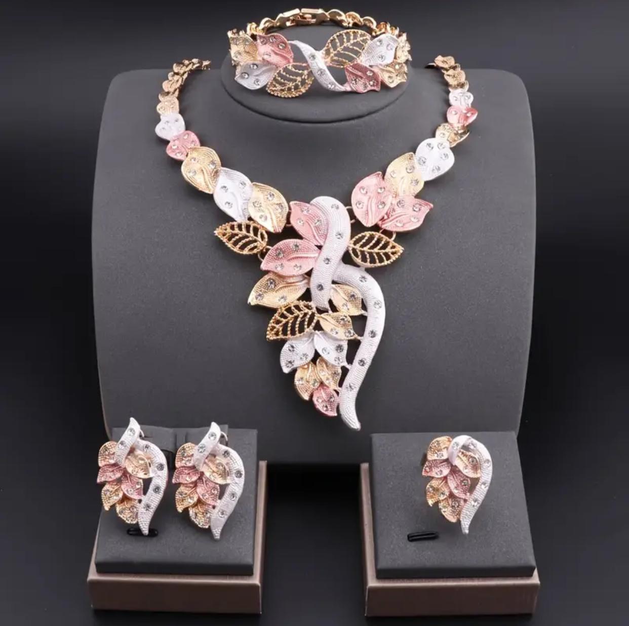 Tri-Color Rhinestone Leaf Design Jewelry Set