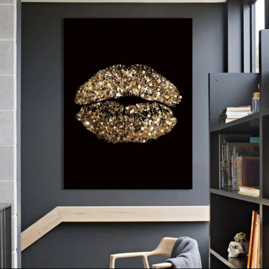 Gold Lips Printed Oil Painting Canvas