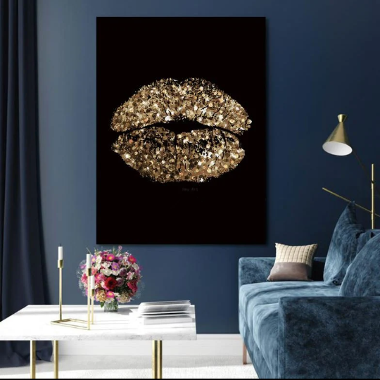 Gold Lips Printed Oil Painting Canvas