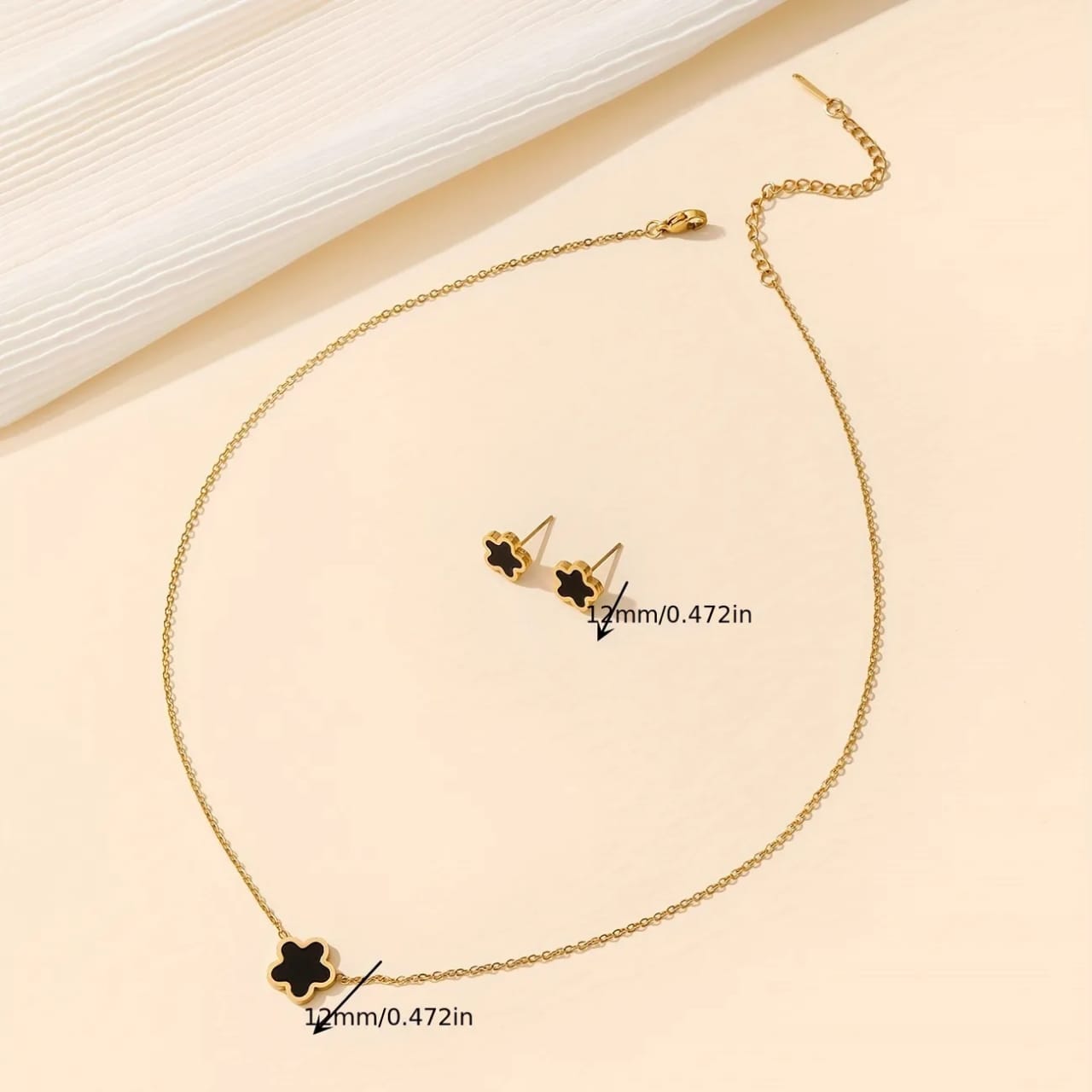 Gold & Black Clover Leaf Stud Earrings Necklace Set