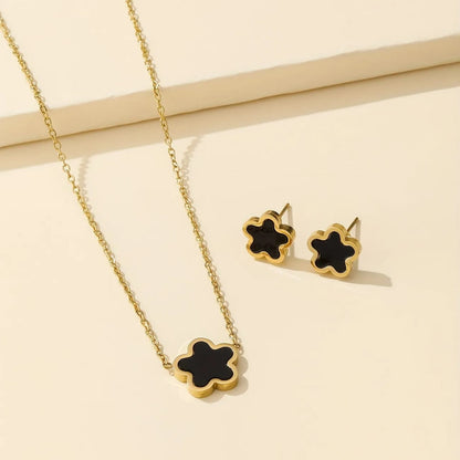 Gold & Black Clover Leaf Stud Earrings Necklace Set