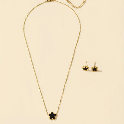 Gold & Black Clover Leaf Stud Earrings Necklace Set