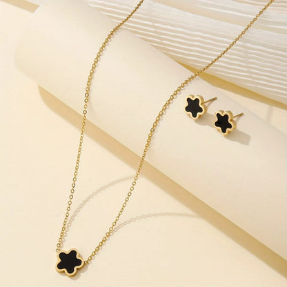 Gold & Black Clover Leaf Stud Earrings Necklace Set