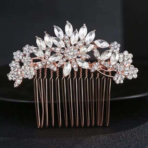 Rose Gold Crystal Leaves Hair Comb