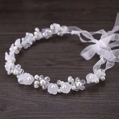 White Crystal Pearl Flower Headband 