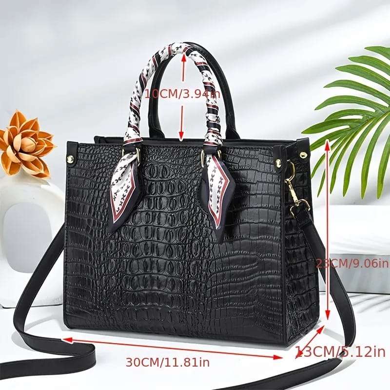 Trendy Structured Croc Pattern Faux Leather Handbag