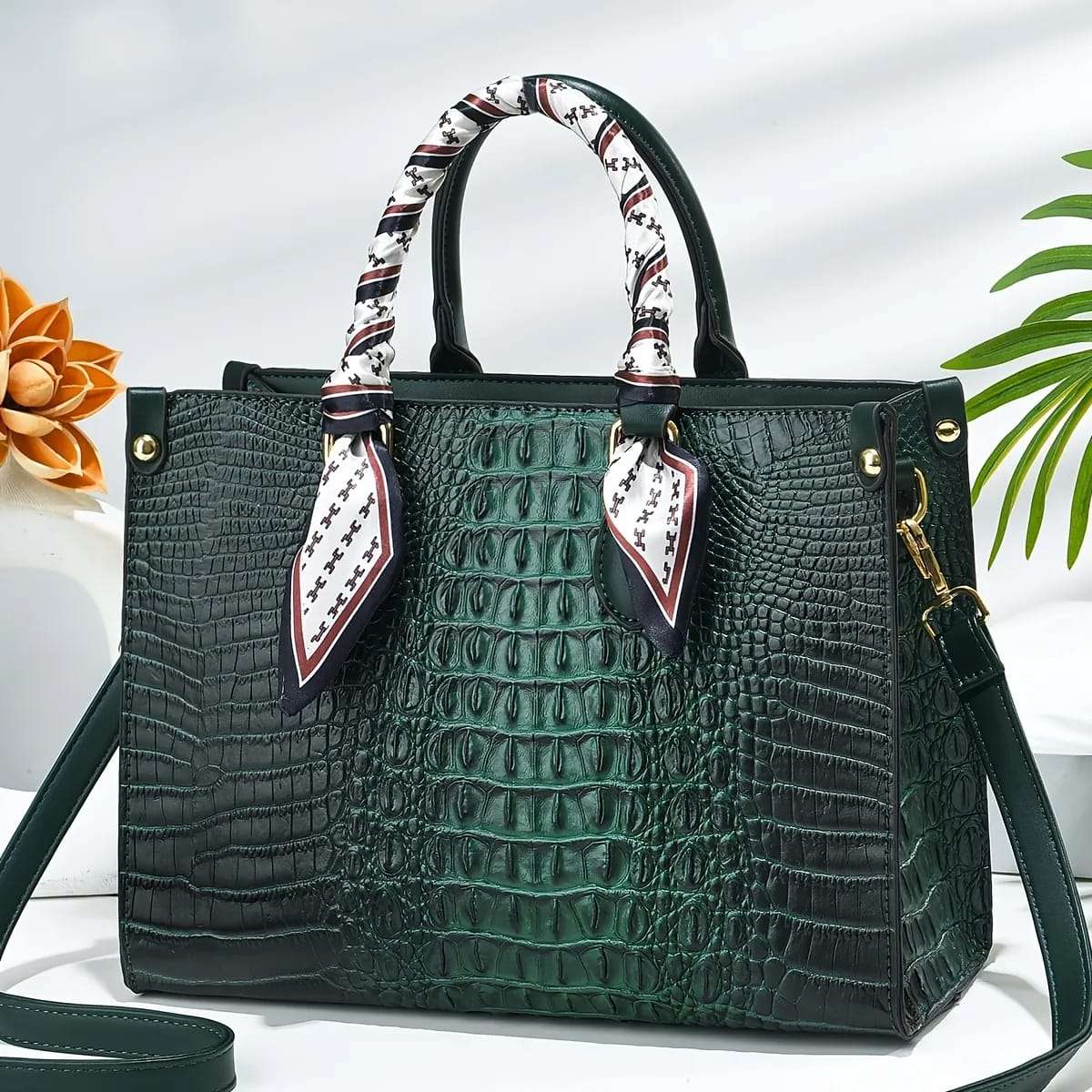 Trendy Structured Croc Pattern Faux Leather Handbag