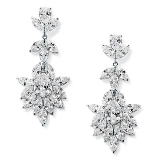 Crystal Leaves Dangle Wedding Earrings with Marquis &amp; Pear CZ in Platinum Silver