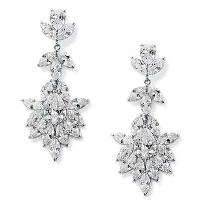 Crystal Leaves Dangle Wedding Earrings With Marquis & Pear CZ In Platinum Silver