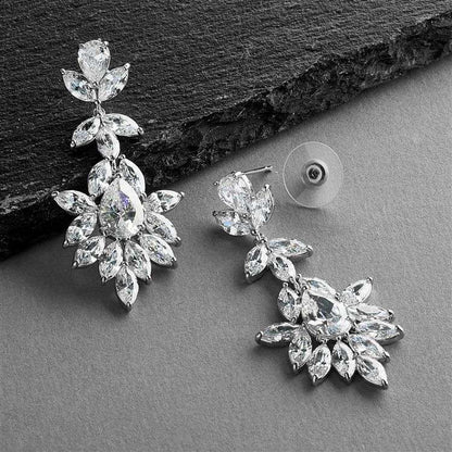 Crystal Leaves Dangle Wedding Earrings With Marquis & Pear CZ In Platinum Silver