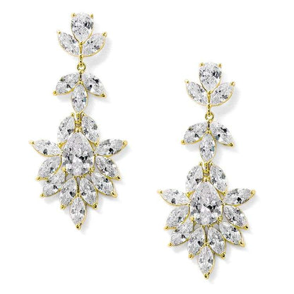 14K Gold Plated Crystal Leaves Dangle Wedding Earrings with Marquis and Pear CZ 
