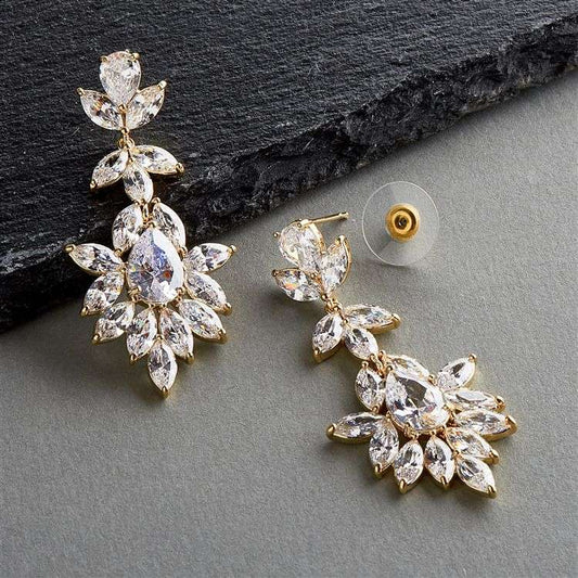 14K Gold Plated Crystal Leaves Dangle Wedding Earrings with Marquis &amp; Pear CZ 