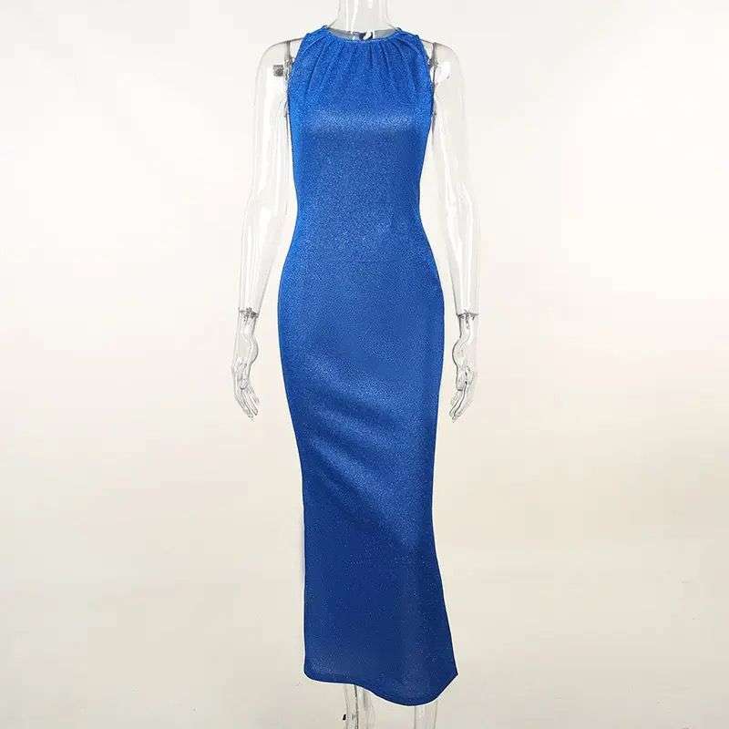 The Shiny Sleeveless Maxi Dress in Royal Blue