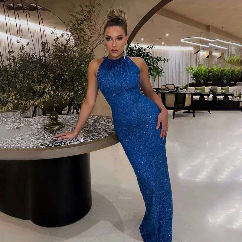 The Shiny Sleeveless Maxi Dress in Royal Blue