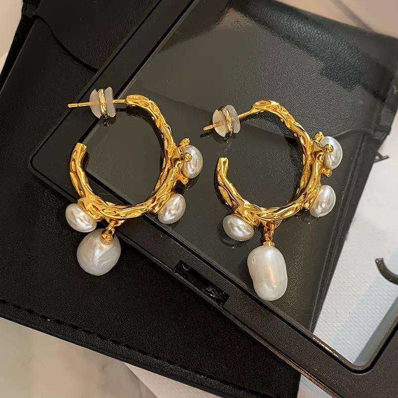 French Baroque Fresh Water Pearl Earrings in Gold