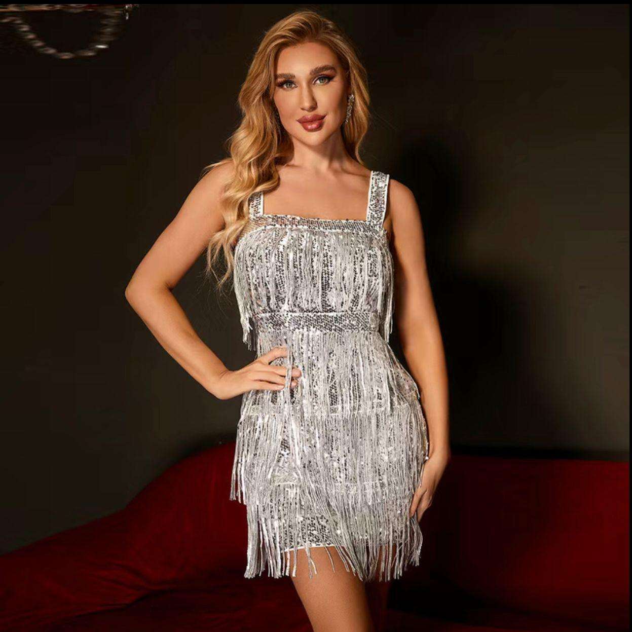 Silver Sequins &amp; Tassels Cami Mini Dress