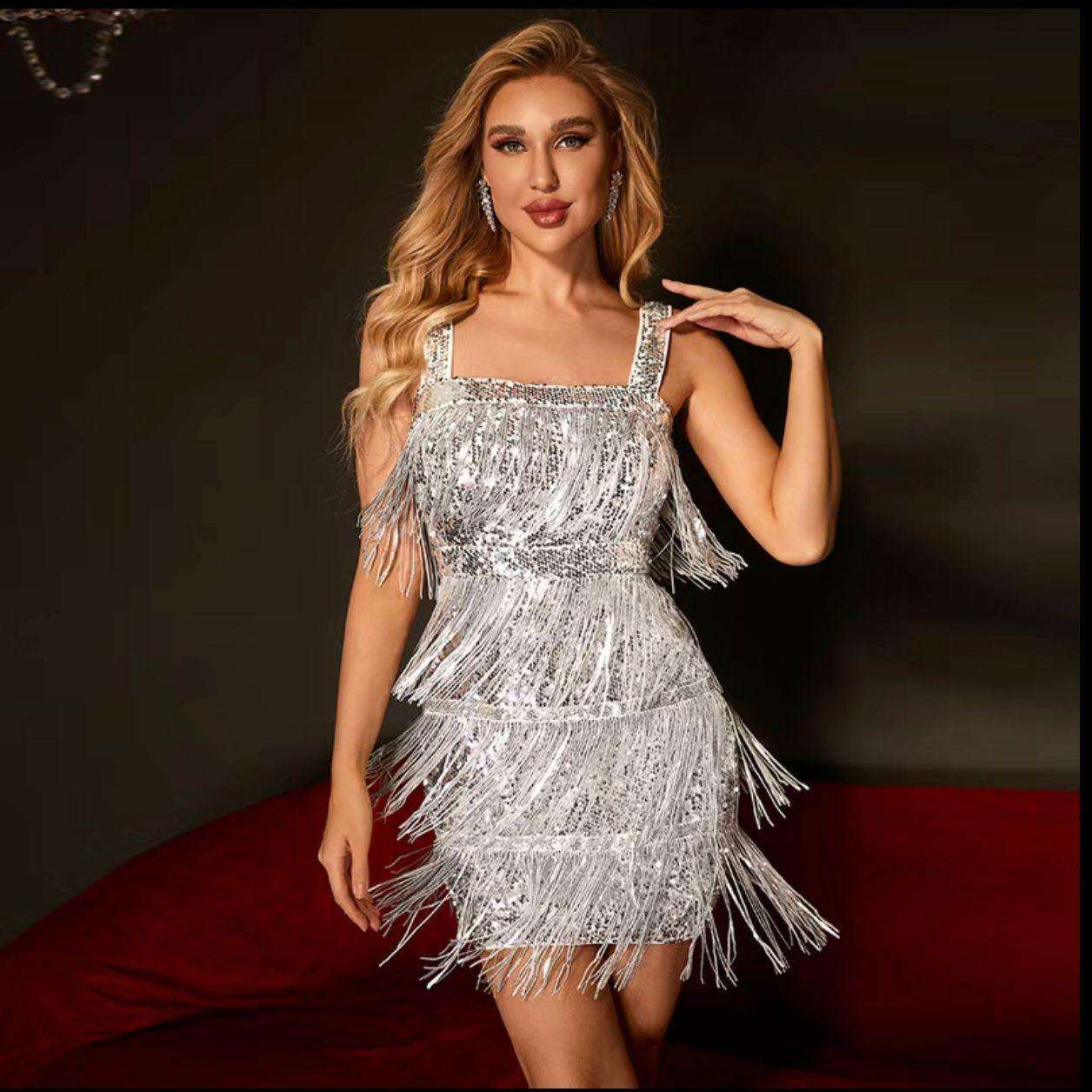 Silver Sequins &amp; Tassels Cami Mini Dress