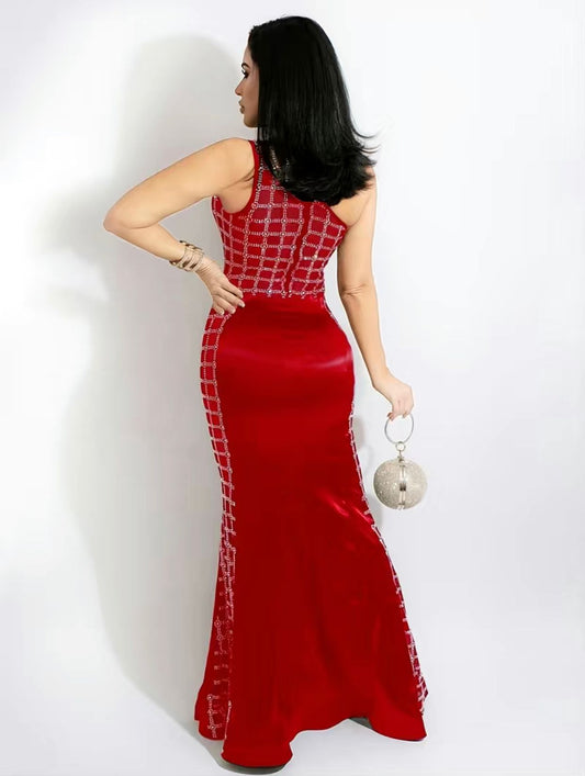 One Shoulder Asymmetrical Sleeveless Studded Red Party Dress