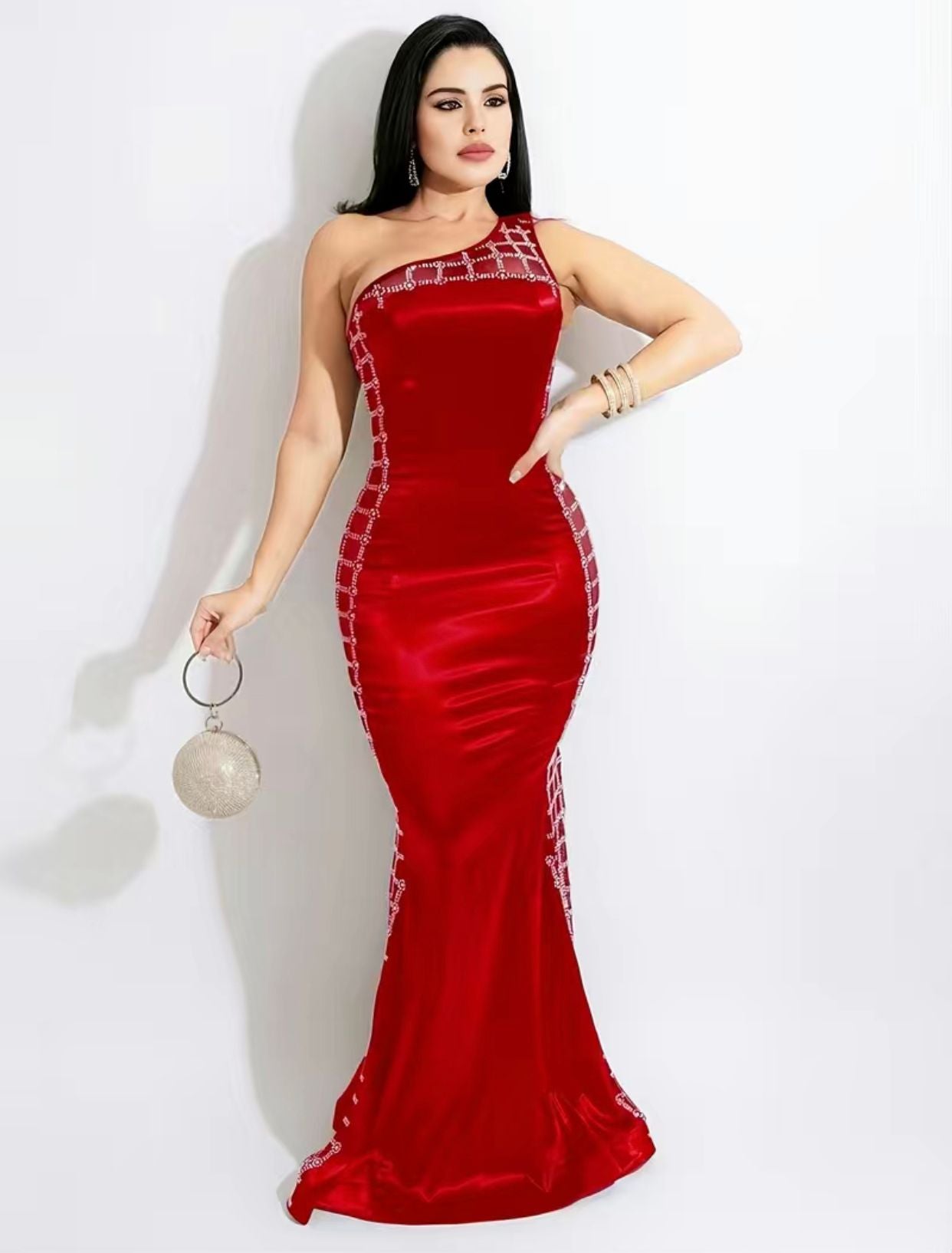 One Shoulder Asymmetrical Sleeveless Studded Red Party Dress