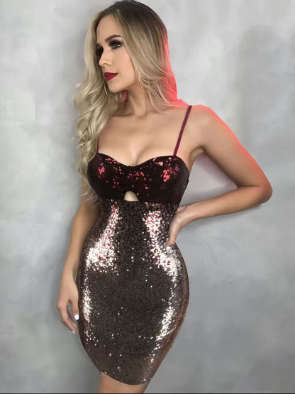 The Sweetheart Sequined Spaghetti Strap Bodycon Dress In Wine/RoseGold