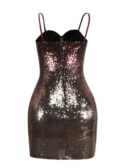 The Sweetheart Sequined Spaghetti Strap Bodycon Dress In Wine/RoseGold